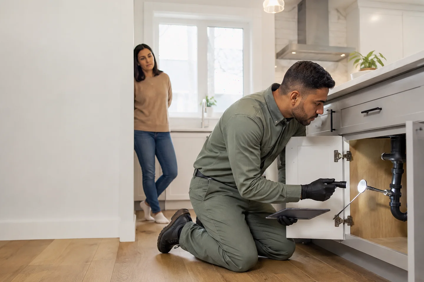 Toronto pest technician inspecting a kitchen cabinet and plumbing entry point