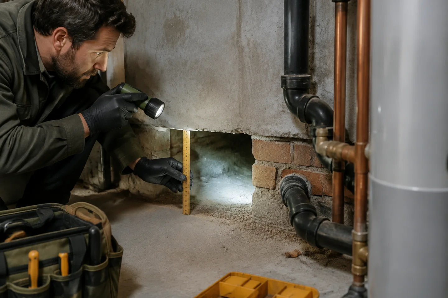 Technician measuring a possible mouse entry gap in a Toronto basement